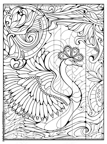 Animals for coloring. Illustration of beautiful fairy tale swimming swan in floral decoration. Coloring book for children and adults. Printable page for drawing and meditation. Black and white vector.