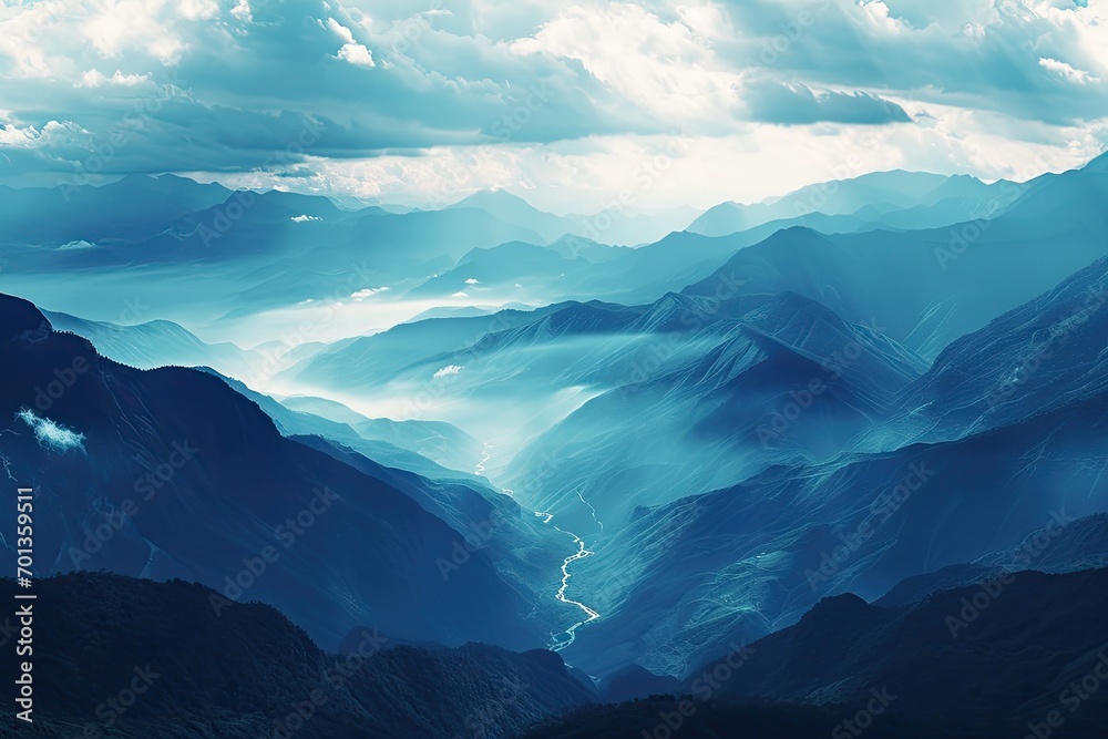 Mountains landscape in the style of light sky blue Mountains landscape in the style of light sky blue