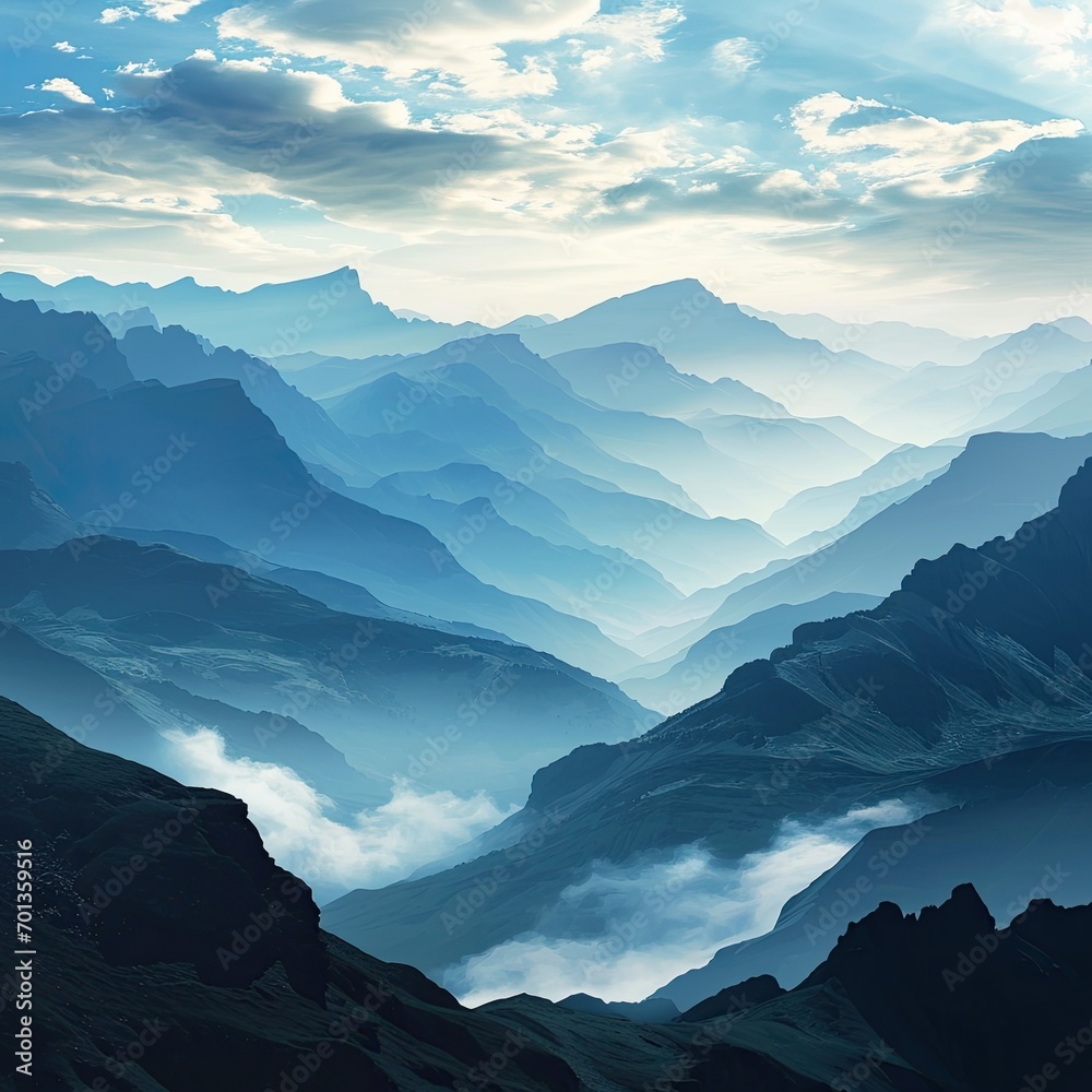 Mountains landscape in the style of light sky blue