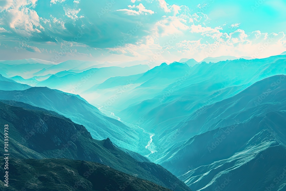 Mountains landscape in the style of light sky blue