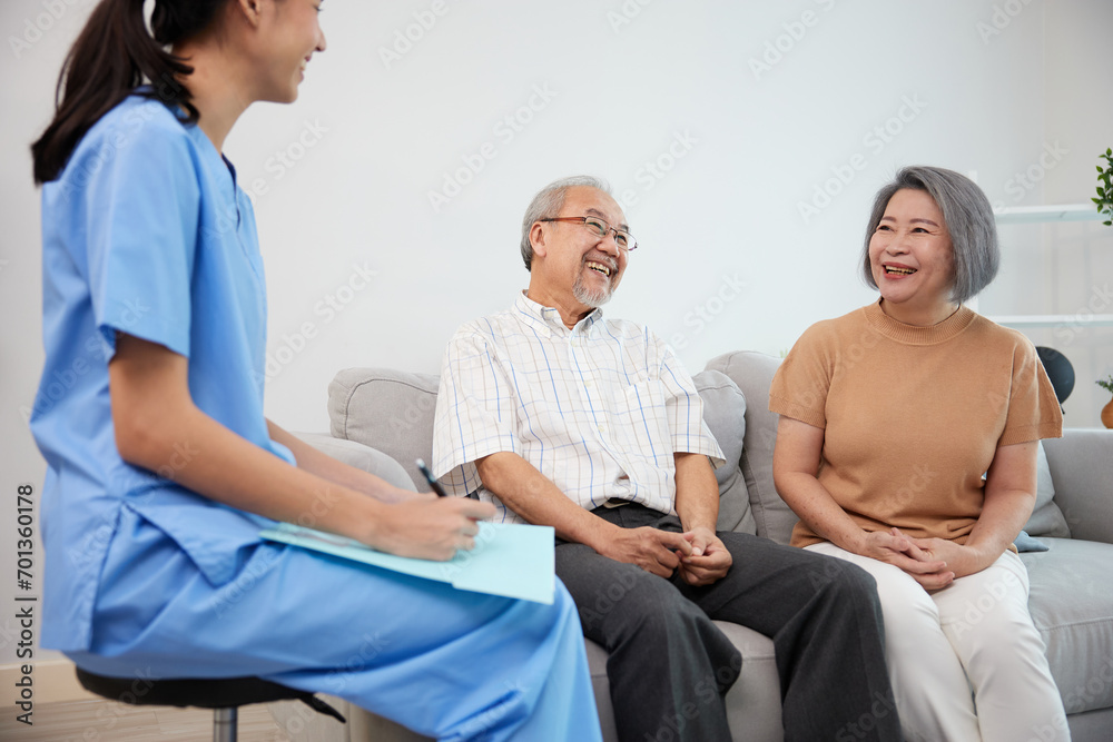 nurse or caregiver meeting and talking with about health with senior couple nurse or caregiver meeting and talking with about health with senior couple