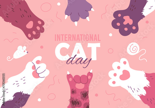 International cat day vector poster, dog or cat fluffy paws set, cute animal various foots, funny pet furry paw points