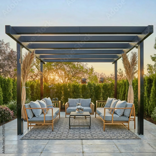 Foto Trendy outdoor patio pergola shade structure, awning and patio roof, garden loun