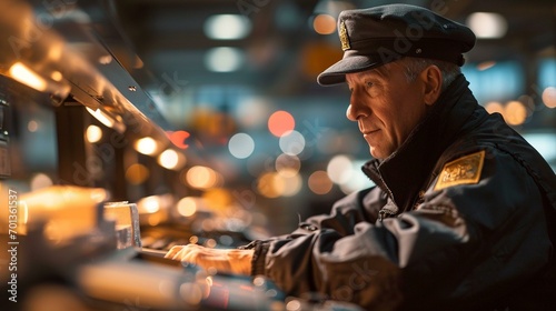 An image of a customs officer using advanced technology such as scanners and detectors to inspect shipments, showcasing the evolving tools in ensuring international trade security. photo