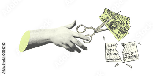 Collage with halftone-style hand statue . Minimalist finance-themed money crisis metaphor concept . Idea for banner composition with banknotes, and scissors. Cutouts magazine. Vector illustration