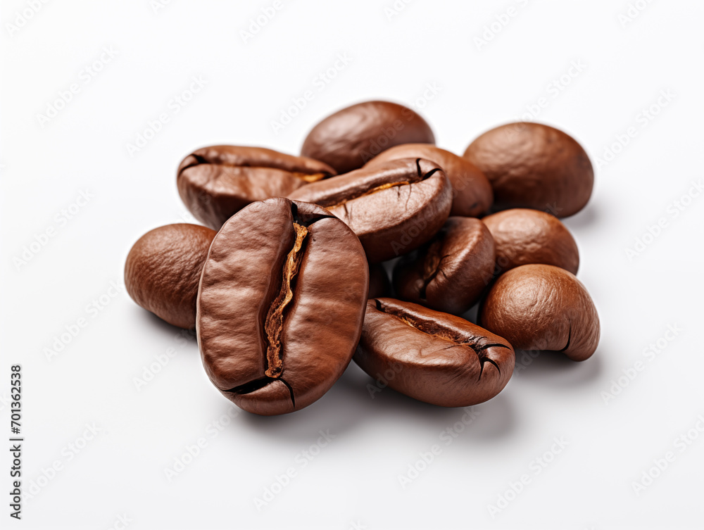 Roasted coffee beans in close-up with visible oils and shine on white isolated background Roasted coffee beans in close-up with visible oils and shine on white isolated background