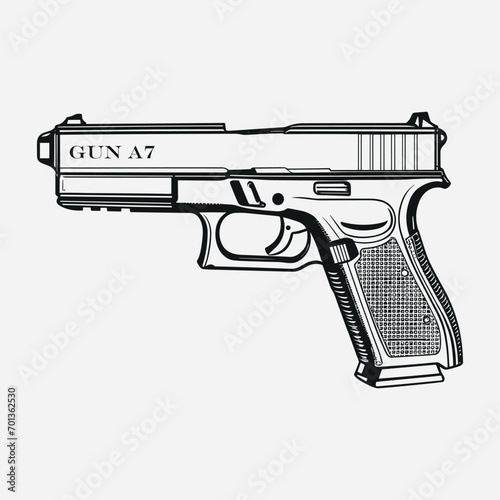 Minimalistic gun vector glyph flat - modern and striking graphic element, Pistol line art design, Pistol Gun War Military Vintage Outline Icon In Hand-drawn Style