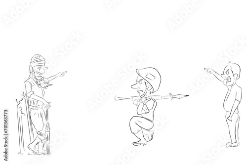 Funny sketch, soldiers are fighting on a white background, shooting in the wrong direction