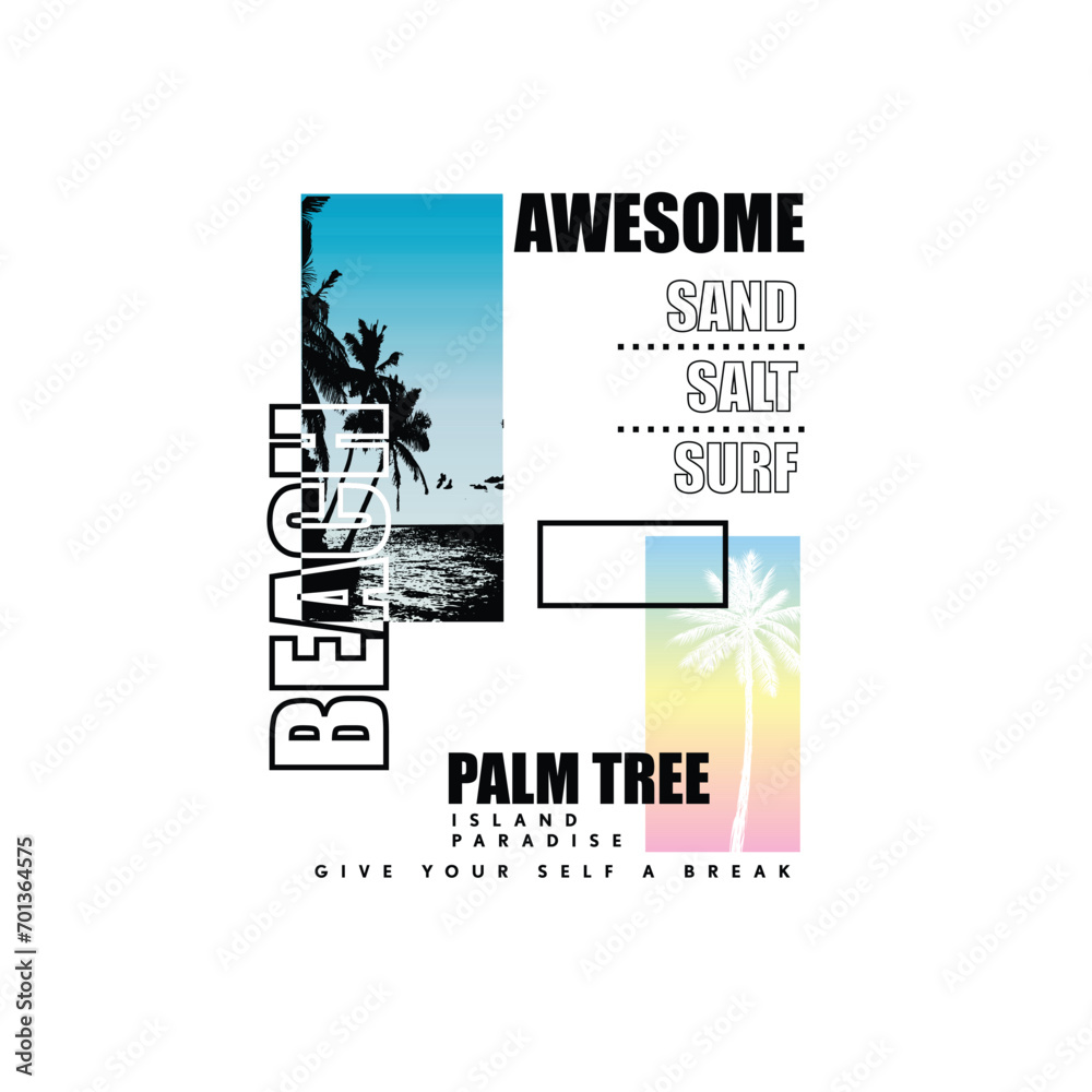 Beach Awesome Palm tree island typography summer text graphic poster design