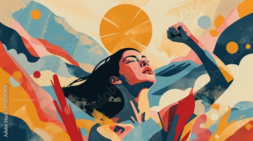 A minimalist illustration portraying the strength and resilience of women, with empowering symbols like a clenched fist or a rising sun, commemorating their journey on Internationa photo