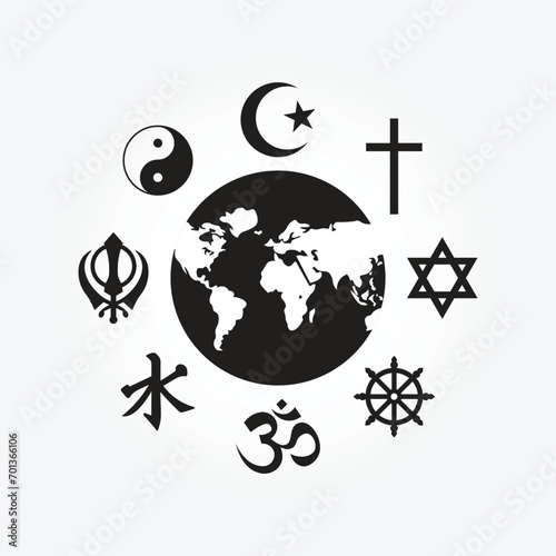world religious symbol. religions islam, buddhism, taoism, judaic, christian and sikh vector illustration