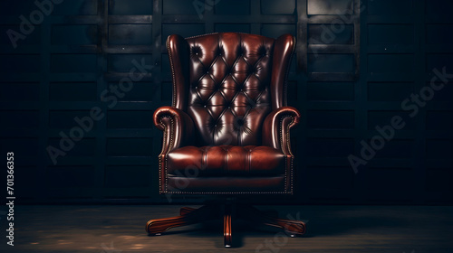 A shiny and expensive brown luxurious office chair or royal classic vintage armchair made of leather placed on a wooden parquet floor in front of the gray wall in an empty dark room photo