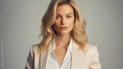 Portrait of a Young Woman with Blonde Hair, Adorned in Simple Yet Stylish Attire