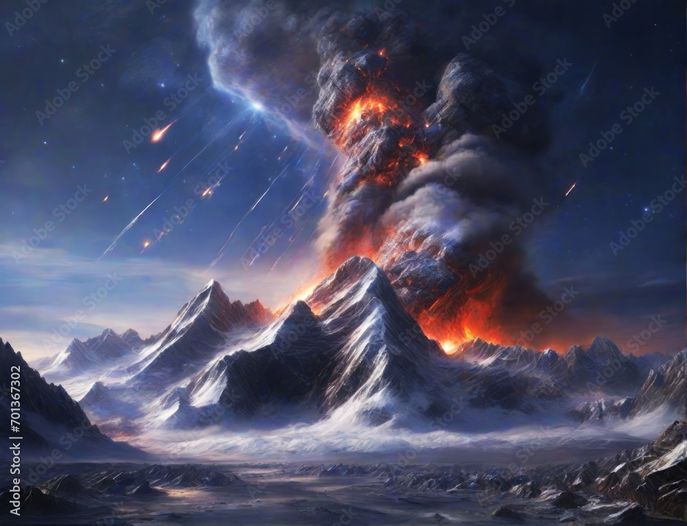 Dramatic volcanic eruption amidst snowy mountains under a starry sky, with lava and smoke. Generative AI.
