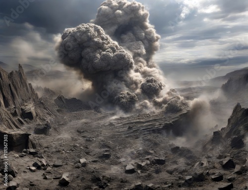 Volcanic eruption with ash clouds billowing into the sky, surrounded by rocky terrain. Generative AI.