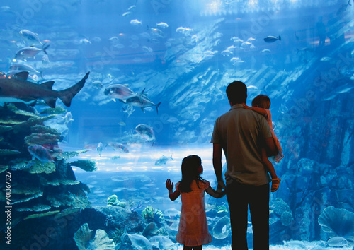 Father with daughters watching fish in oceanarium