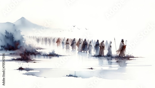 Exodus from Egypt. Exodus 12:40. Old Testament. Watercolor Biblical Illustration photo