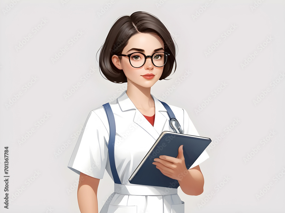 Young female nurse wearing glasses, standing holding a notebook, short hair, clip art illustration, isolated background Young female nurse wearing glasses, standing holding a notebook, short hair, clip art illustration, isolated background