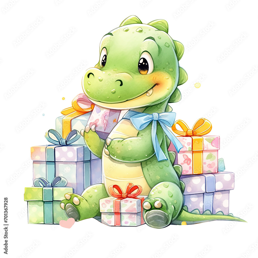 Naklejka premium baby crocodile watercolor surrounded by gift boxes Illustration for Baby Shower and First Birthday Décor, isolated on transparent background