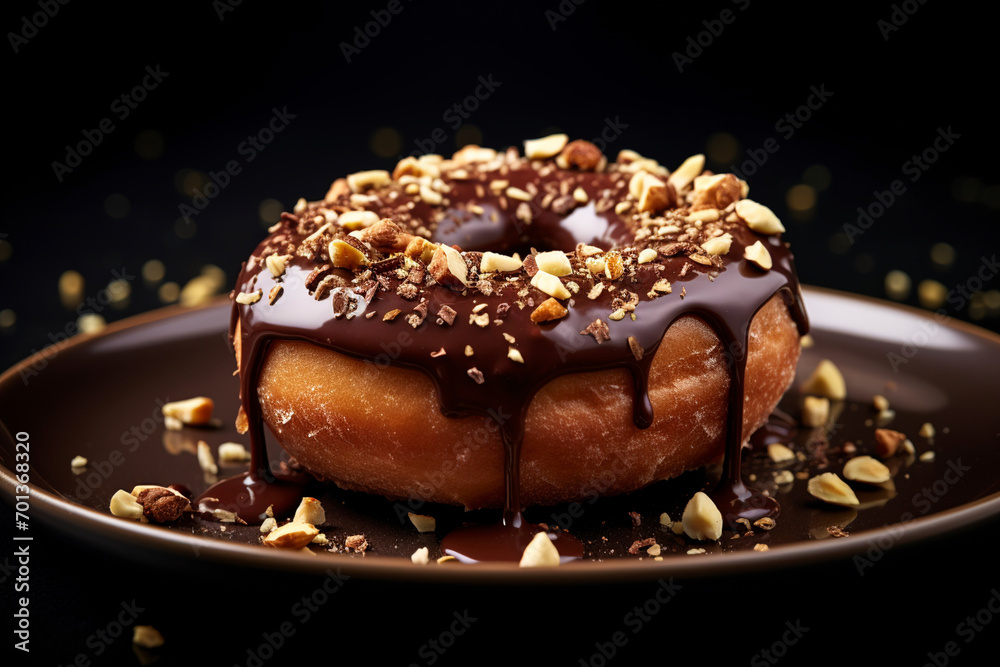 A chocolate hazelnut donut is served on a plate. (Generative AI) A chocolate hazelnut donut is served on a plate. (Generative AI)