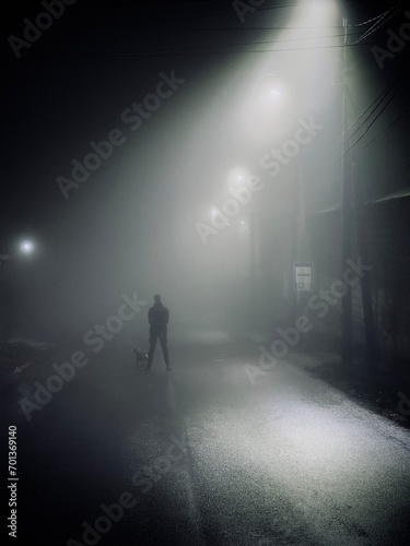 silhouette standing in fog at night