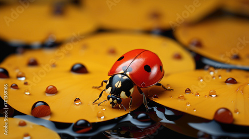A lone red ladybug on a canvas of sunshine yellow.