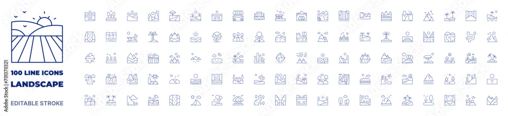 100 icons Landscape collection. Thin line icon. Editable stroke. Landscape icons for web and mobile app. - obrazy, fototapety, plakaty 