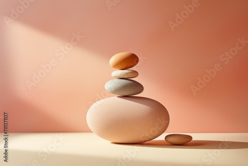 Balancing white pebbles each other on the seashore on the peach fuzz background
