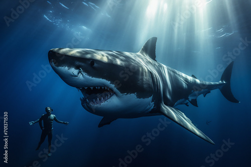 Great white shark posing in deep blue water with diver. AI generated
