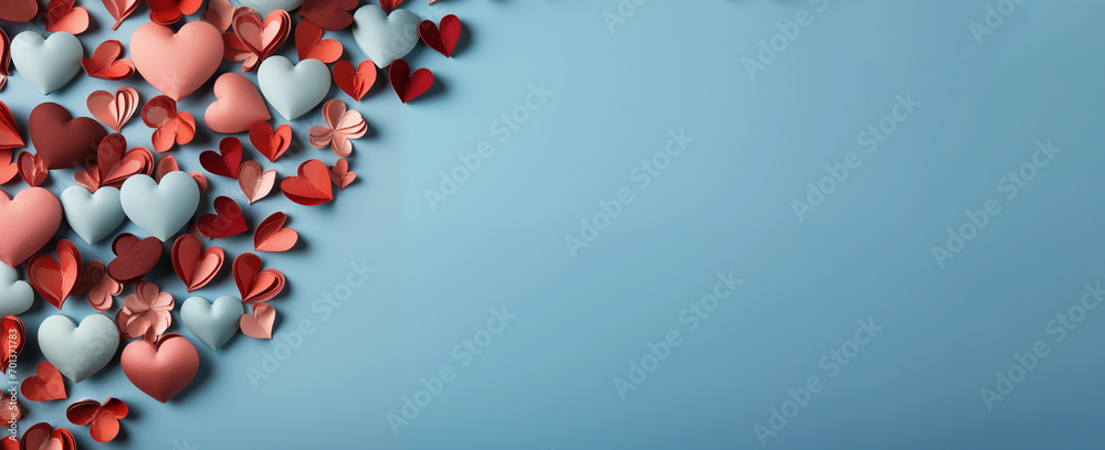 Fondo de color azul con corazones para el día de San Valentín - obrazy, fototapety, plakaty 