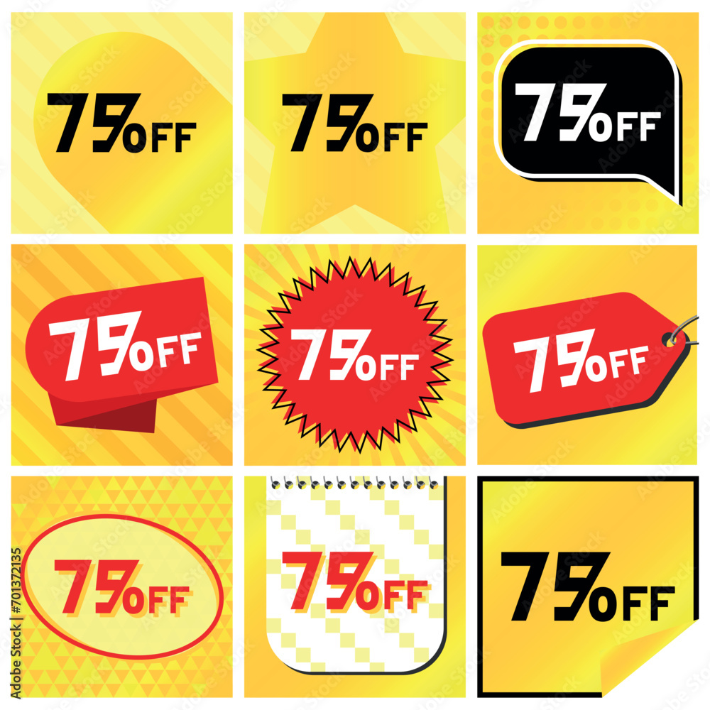 75% Discount Labels Set, 9 Variations - Ball Star in Stripes, Speech Bubble, Coupon, Starburst Stamp, Price Tag, Oval, Calendar, Sticker. Yellow Orange Background 75% Discount Labels Set, 9 Variations - Ball Star in Stripes, Speech Bubble, Coupon, Starburst Stamp, Price Tag, Oval, Calendar, Sticker. Yellow Orange Background
