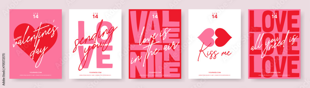 Plakat Valentine's day lettering card collection. Cute love sale flyer template, poster, label, ad, copy space, cover, banner design set. Modern typography art background. Trendy style. Vector illustration.