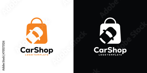 Creative Car Shop Logo. Automotive Shop, Shopping Bag, Buying and Selling Automotive Spare Parts. Icon Symbol Vector Design Template.