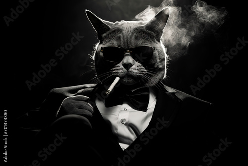 A cat in a tuxedo smoking a cigarette. Generative AI photo