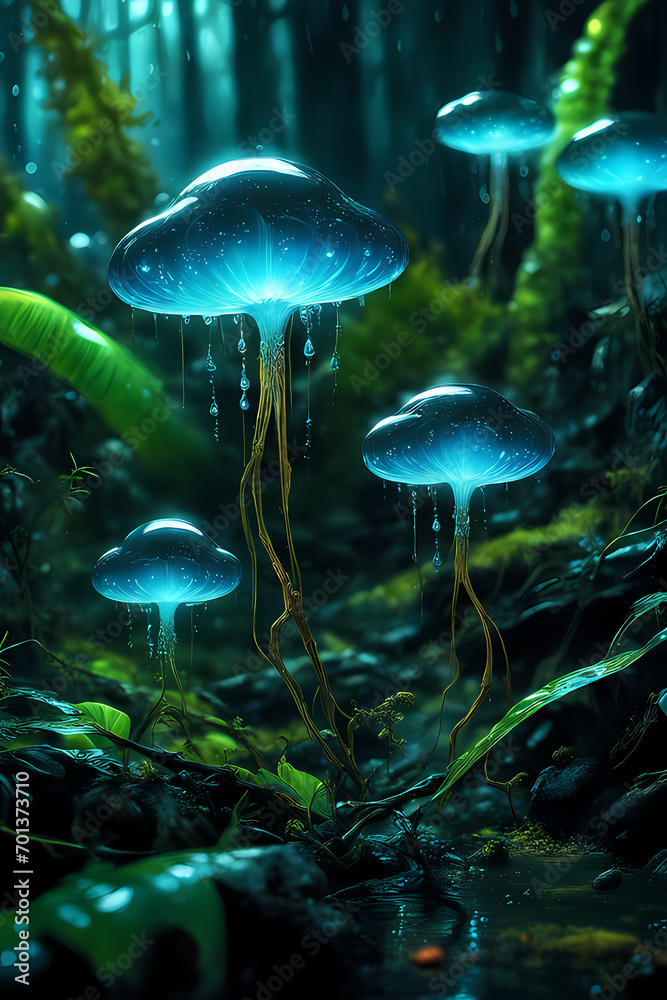 Fototapeta premium Bioluminescent in Dunt jungle, magical alien macro mini, Colorful marine life in a vibrant coral reef ecosystem as like as bioluminescent jellyfish and bioluminescent mushrooms Portrait HD wallpaper