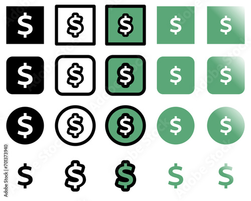 Dollar sign in squares and circles. solid icon,Outline icon ,Filled Outline Icon,Flat icon and smooth icon style. Used for finance, marketing, trading, shopping, banking, and pricing.