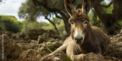 A Donkey sits on a mound and stares with blur tree background High quality photo