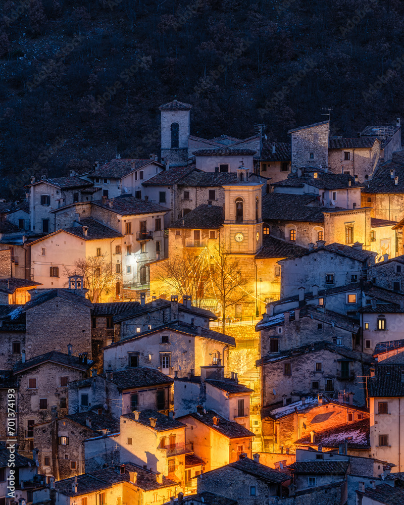 The beautiful Scanno in the evening during Christmas time. Abruzzo, central Italy.