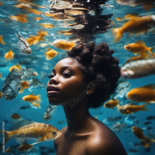 Woman in tranquil underwater scene with fish