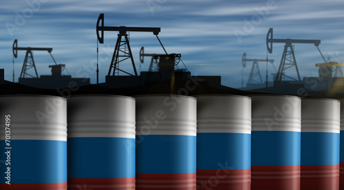 Russia oil crude petroleum fuel barrels in row