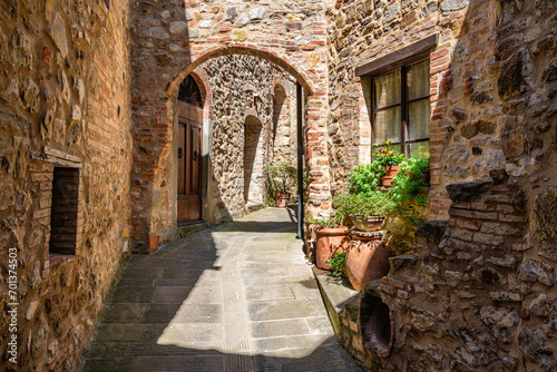 Fototapeta Naklejka Na Ścianę i Meble -  The beautiful village of Castelnuovo Val di Cecina on a sunny summer morning. Province of Pisa, Tuscany, Italy. 
