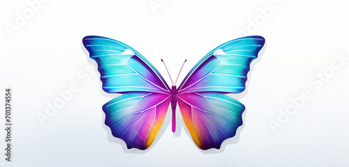 A delicate and colorful butterfly perched on a smooth, matte white background.