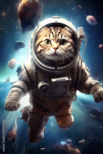 Brave cat astronaut floating in cosmic space