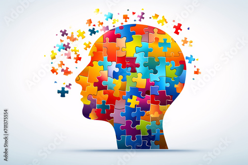 Colorful puzzle pieces in the outline of a head, depicting the concept of neurodiversity, autism spectrum disorder (ASD) or ADHD