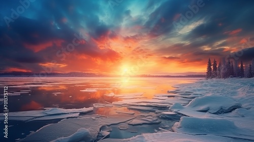 winter landscape with frost, snow and ice on lake and sunset sky with dramatic colored clouds © Wolfilser