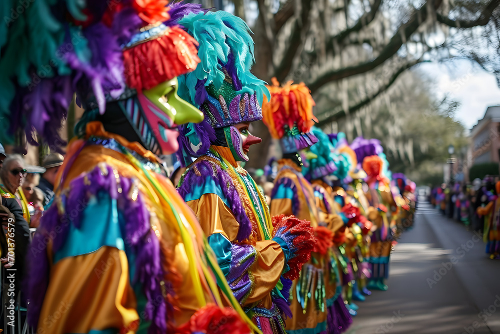 mardi gras parade marching down the street, with colorful floats and costumes, created with