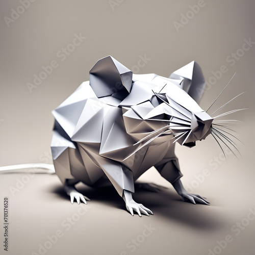 Ratte, Haustier, Nager in geometrischen Formen, wie 3D Papier in weiß wie Origami Falttechnik Symbol Wappentier Logo Vorlage Tiere