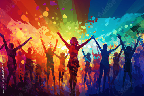 Diversity and inclusivity illustration, silhouettes of people against a rainbow-colored background