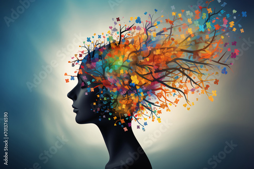Colorful tree growing out of the outline of a human head, depicting the concept of neurodiversity, autism spectrum disorder, ASD or ADHD photo