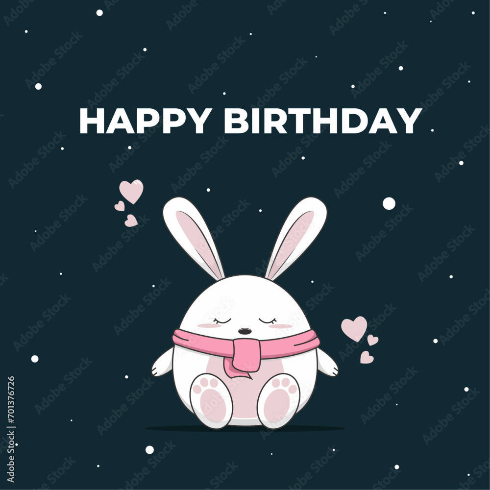 Cute vector illustration. Cartoon rabbit on a blue background with snow. Title Happy Birthday.